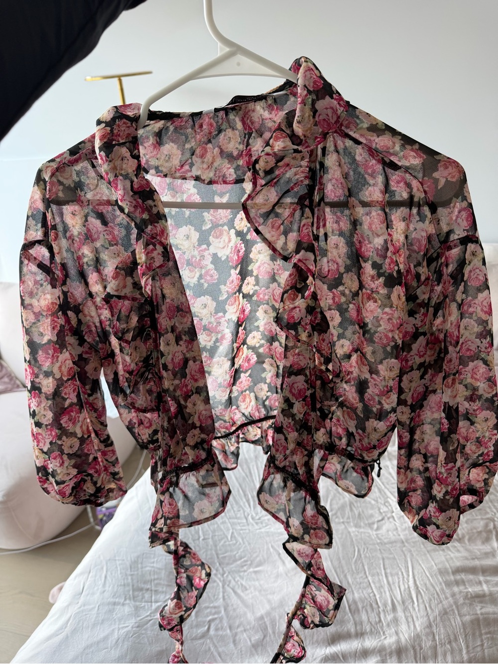 Zara Black Sheer Floral Ruffle Tie-Front Blouse